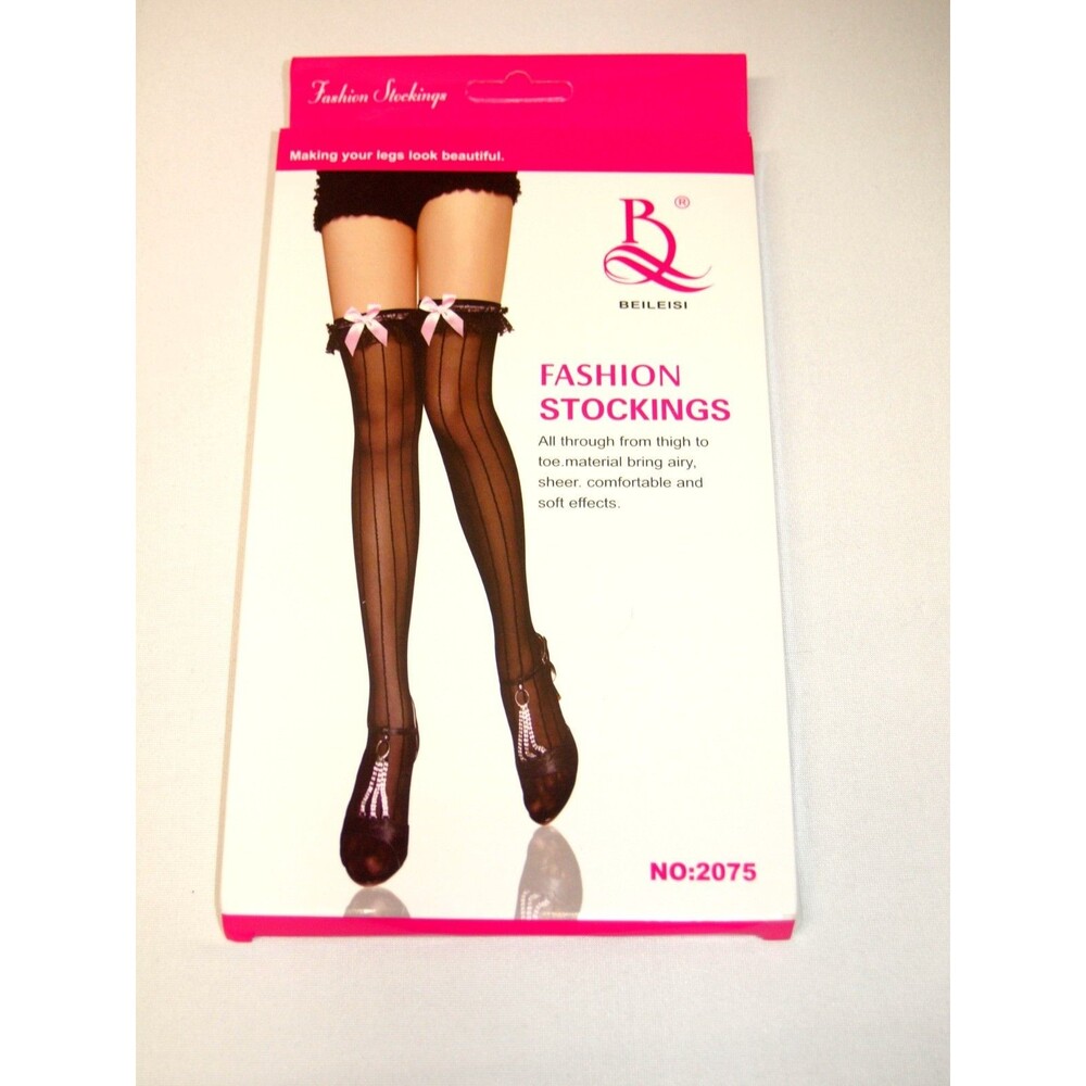 Beileisi Women's Over the Knee Hold Up Stockings Sexy Black Stipe & Pink Bow NEW